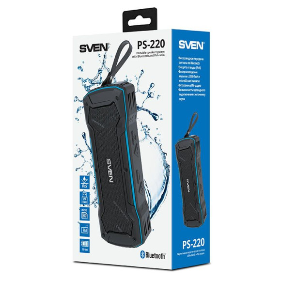 Колонка порт. Sven PS-220 черный/синий 10W 2.0 BT/3.5Jack/USB 10м 1200mAh (SV-016470) Колонка порт. Sven PS-220 черный/синий 10W 2.0 BT/3.5Jack/USB 10м 1200mAh (SV-016470)