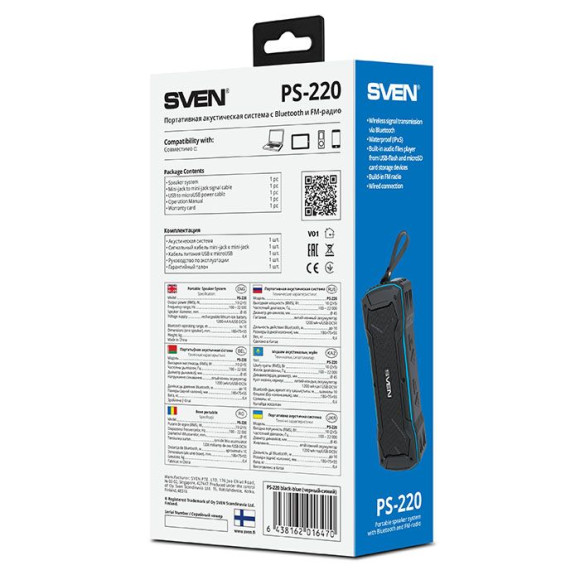 Колонка порт. Sven PS-220 черный/синий 10W 2.0 BT/3.5Jack/USB 10м 1200mAh (SV-016470) Колонка порт. Sven PS-220 черный/синий 10W 2.0 BT/3.5Jack/USB 10м 1200mAh (SV-016470)