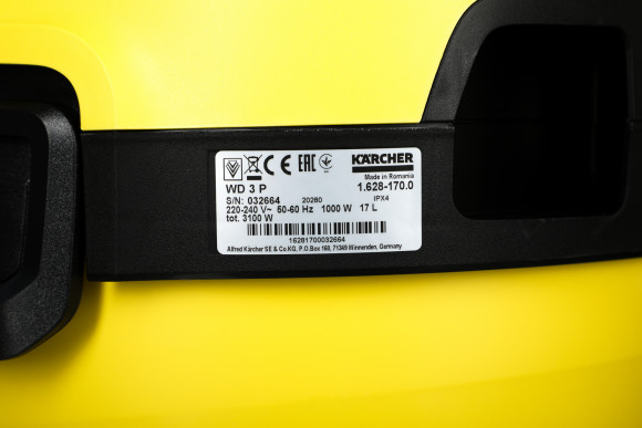 Строительный пылесос Karcher WD 3 P V-17/4/20 1000Вт (уборка: сухая/сбор воды) желтый