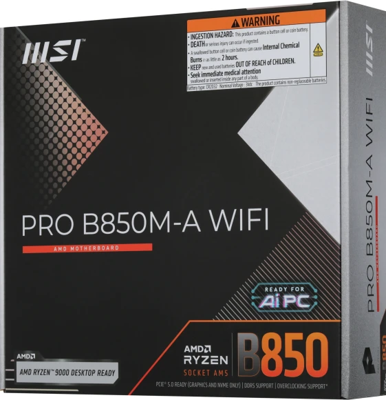 Материнская плата MSI PRO B850M-A WIFI Socket AM5 AMD B850 4xDDR5 mATX AC`97 8ch(7.1) 5Gigabit RAID+HDMI+DP