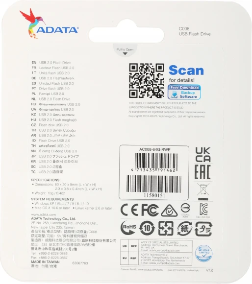 Флеш Диск A-Data 64GB Classic C008 AC008-64G-RWE USB2.0 синий/белый Флеш Диск A-Data 64GB Classic C008 AC008-64G-RWE USB2.0 синий/белый