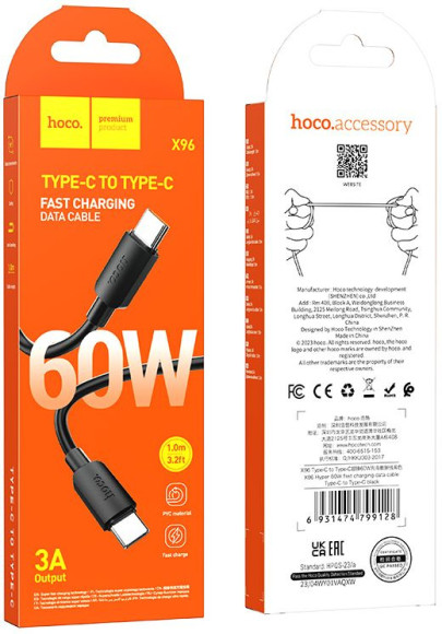 Кабель Hoco X96 Hyper X96 HYPER TYPE-C TO TYPE-C USB Type-C (m)-USB Type-C (m) 1м черный коробка