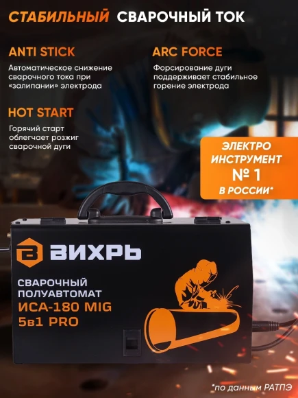 Сварочный полуавтомат Вихрь ИСА-180 MIG PRO инвертор MIG-MAG/FCAW/MMA/Lift TIG 4.8кВт