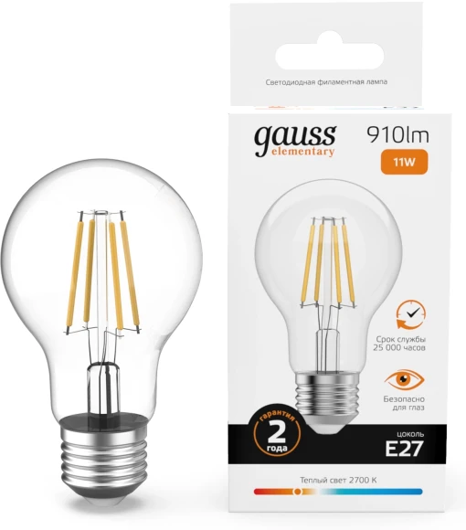 Лампа филам. Gauss Filament 7Вт цок.:E27 груша 220B св.свеч.бел.теп. (упак.:10шт) (22217)