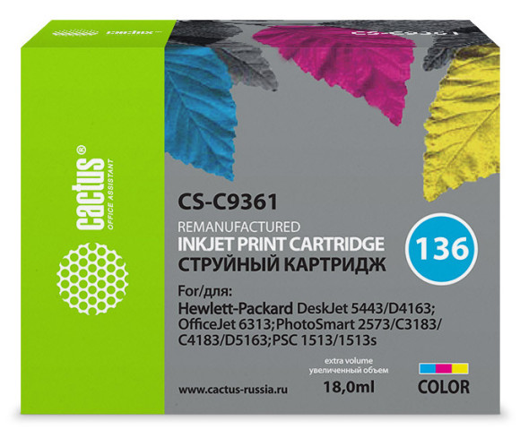 Картридж струйный Cactus CS-C9361 №136 многоцветный (18мл) для HP DJ 5443/D4163/DJ 6313/PS 2573/C3183/C4183/D5163/1513/1513s с чипом Картридж струйный Cactus CS-C9361 №136 многоцветный (18мл) для HP DJ 5443/D4163/DJ 6313/PS 2573/C3183/C4183/D5163/1513/1513s с чипом