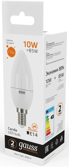 Лампа светодиодная Gauss Elementary 10Вт цок.:E14 свеча 220B св.свеч.бел.теп. (упак.:1шт) (33110) Лампа светодиодная Gauss Elementary 10Вт цок.:E14 свеча 220B св.свеч.бел.теп. (упак.:1шт) (33110)