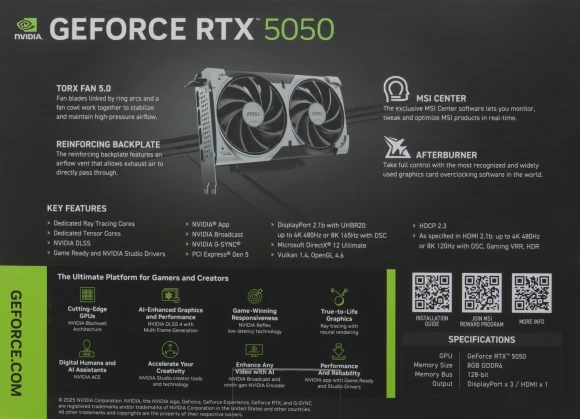 Видеокарта MSI PCI-E 5.0 RTX 5050 8G VENTUS 2X OC NVIDIA GeForce RTX 5050 8Gb 128bit GDDR6 2602/20000 HDMIx1 DPx3 HDCP Ret