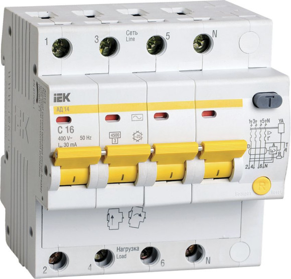 Выключатель автом. дифф. тока IEK MAD10-4-016-C-030 АД14 16A тип C 4.5kA 30мА AC 4П 230/400В 5мод белый (упак.:1шт)