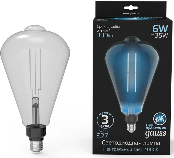 Лампа филам. Gauss Filament Vintage 6Вт цок.:E27 эдисон 220B св.свеч.бел.нейт. (упак.:1шт) (157802205)