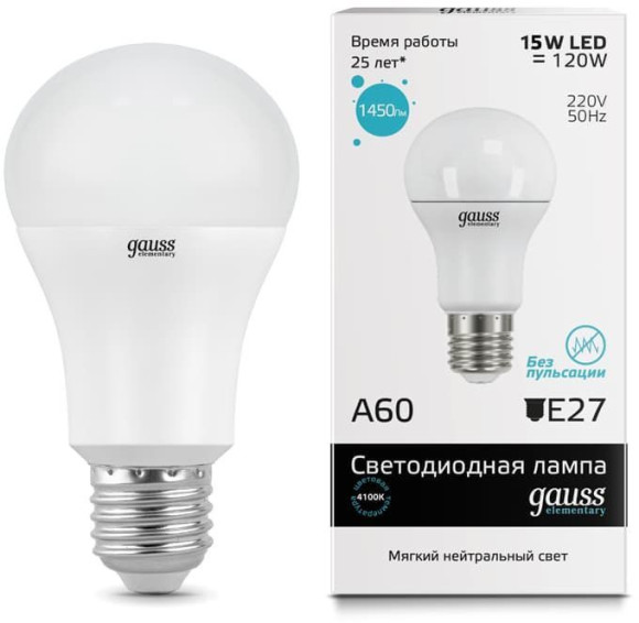 Лампа светодиодная Gauss Elementary 15Вт цок.:E27 груша 220B 4100K св.свеч.бел.нейт. A60 (упак.:1шт) (23225)
