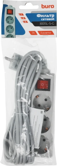 Сетевой фильтр Buro 300SL-5-G 5м (3 розетки) серый (пакет ПЭ)