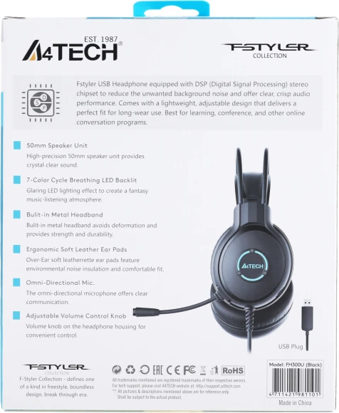 Наушники с микрофоном A4Tech Fstyler FH300U черный 2м мониторные USB оголовье (FH300U BLACK)