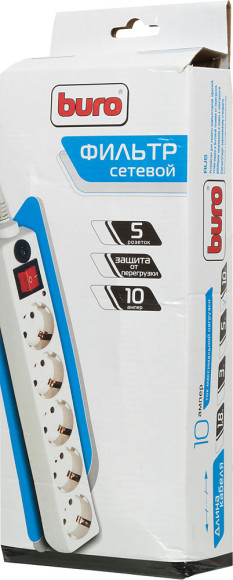 Сетевой фильтр Buro 500SH-10-W 10м (5 розеток) белый (коробка)