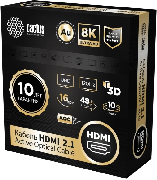 Кабель аудио-видео Cactus CS-HDMI-AOC-2.1-10 HDMI (m)/HDMI (m) 10м. позолоч.конт. черный Кабель аудио-видео Cactus CS-HDMI-AOC-2.1-10 HDMI (m)/HDMI (m) 10м. позолоч.конт. черный