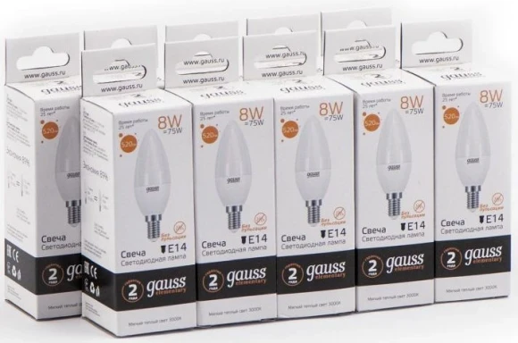 Лампа светодиодная Gauss Elementary 8Вт цок.:E14 свеча 220B св.свеч.бел.теп. С37 (упак.:10шт) (33118) Лампа светодиодная Gauss Elementary 8Вт цок.:E14 свеча 220B св.свеч.бел.теп. С37 (упак.:10шт) (33118)