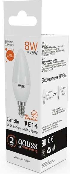 Лампа светодиодная Gauss Elementary 8Вт цок.:E14 свеча 220B св.свеч.бел.теп. С37 (упак.:10шт) (33118) Лампа светодиодная Gauss Elementary 8Вт цок.:E14 свеча 220B св.свеч.бел.теп. С37 (упак.:10шт) (33118)