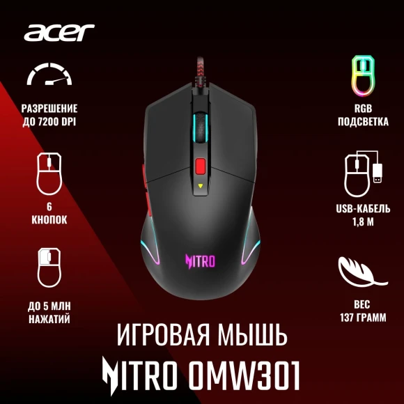 Мышь Acer Nitro OMW301 черный оптическая 7200dpi USB 6but (ZL.MCECC.024) Мышь Acer Nitro OMW301 черный оптическая 7200dpi USB 6but (ZL.MCECC.024)