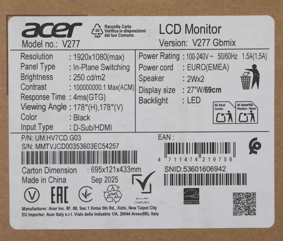 Монитор Acer 27" Vero V277Gbmix черный IPS LED 4ms 16:9 HDMI M/M матовая 250cd 178гр/178гр 1920x1080 120Hz FreeSync VGA FHD 3.64кг