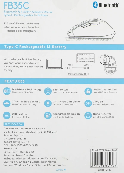 Мышь A4Tech Fstyler FB35C серый/черный оптическая 2000dpi беспров. BT/Radio USB 6but (FB35C SMOKY GREY)