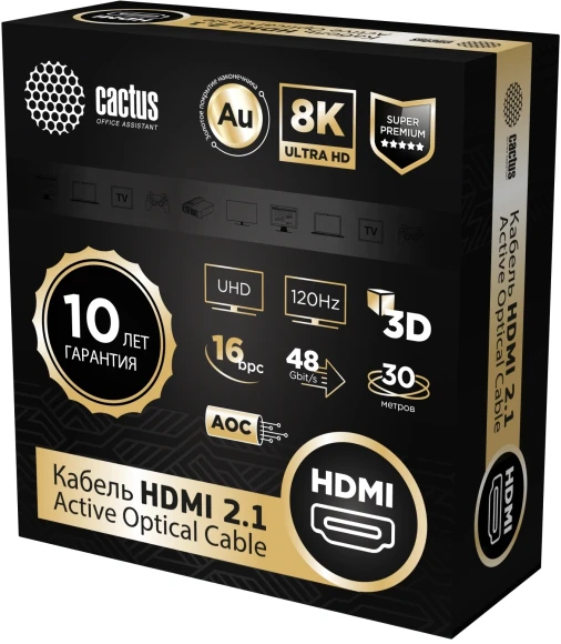 Кабель аудио-видео Cactus CS-HDMI-AOC-2.1-30 HDMI (m)/HDMI (m) 30м. позолоч.конт. черный Кабель аудио-видео Cactus CS-HDMI-AOC-2.1-30 HDMI (m)/HDMI (m) 30м. позолоч.конт. черный