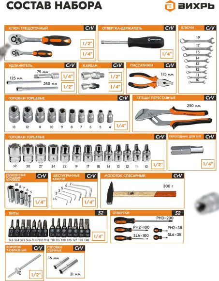 Набор инструментов Вихрь 73/6/7/4 76 предметов (жесткий кейс)