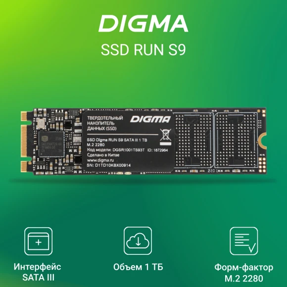 Накопитель SSD Digma SATA-III 1TB DGSR1001TS93T Run S9 M.2 2280