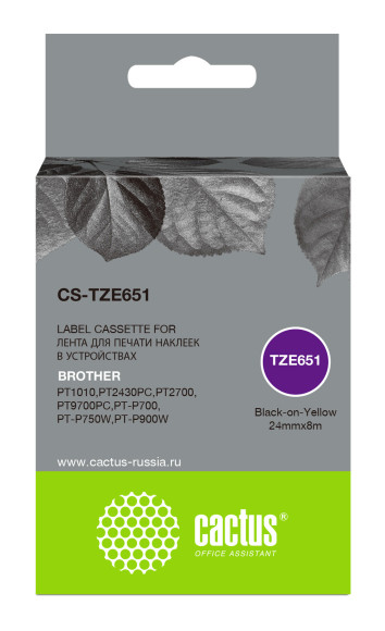 Картридж ленточный Cactus CS-TZE651 TZe-651 черный на желтом 24x8 для Brother 1010/1280/1280VP/2700VP