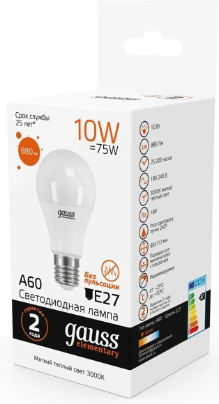 Лампа светодиодная Gauss Elementary A60 10Вт цок.:E27 груша 220B св.свеч.бел.теп. (упак.:1шт) (23210)