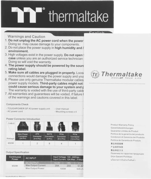 Блок питания Thermaltake ATX 650W Toughpower GF A3 Gen.5 80+ gold (20+4pin) APFC 120mm fan 8xSATA Cab Manag RTL