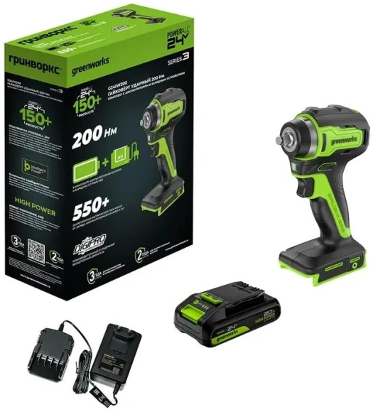 Гайковерт Greenworks G24IW200 аккум. патрон:квад.3/8" (3803607CUB)