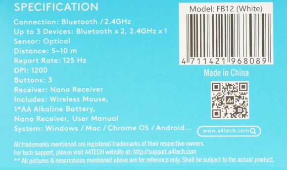 Мышь A4Tech Fstyler FB12 белый оптическая 1200dpi беспров. BT/Radio USB 3but (FB12 WHITE)