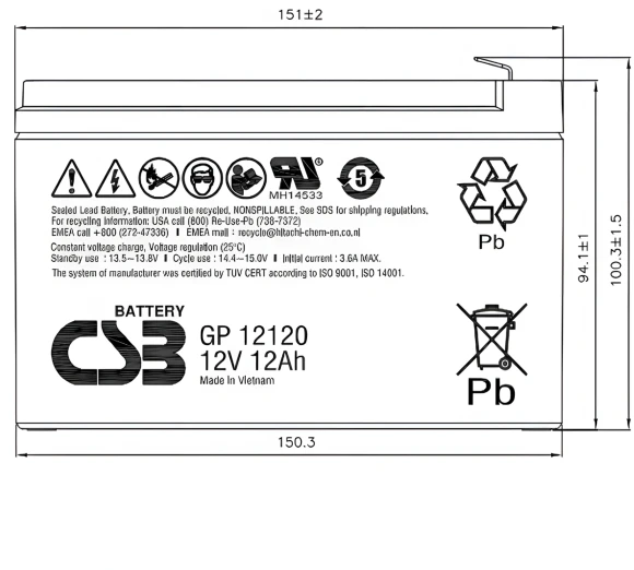 Батарея для ИБП CSB GP12120 F2 12В 12Ач Батарея для ИБП CSB GP12120 F2 12В 12Ач