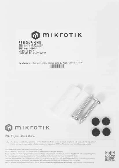 Маршрутизатор MikroTik RB5009UPr+S+IN 10/100/1000 компл.:устройство/крепления/адаптер черный