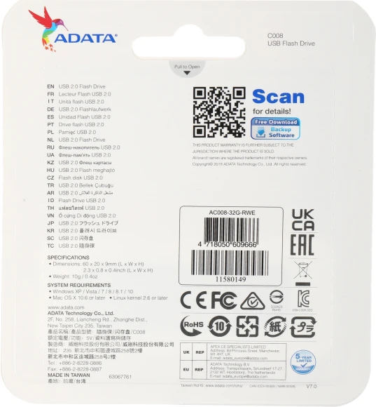 Флеш Диск A-Data 32Gb Classic C008 AC008-32G-RWE USB2.0 белый/синий Флеш Диск A-Data 32Gb Classic C008 AC008-32G-RWE USB2.0 белый/синий