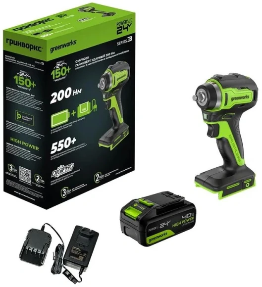 Гайковерт Greenworks GD24IW400 аккум. патрон:квад.1/2" (3802907CUG)