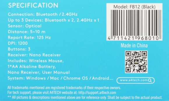 Мышь A4Tech Fstyler FB12 черный оптическая 1200dpi беспров. BT/Radio USB 3but (FB12 BLACK) Мышь A4Tech Fstyler FB12 черный оптическая 1200dpi беспров. BT/Radio USB 3but (FB12 BLACK)