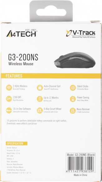 Мышь A4Tech V-Track G3-200NS черный оптическая 1200dpi беспров. USB 3but Мышь A4Tech V-Track G3-200NS черный оптическая 1200dpi беспров. USB 3but