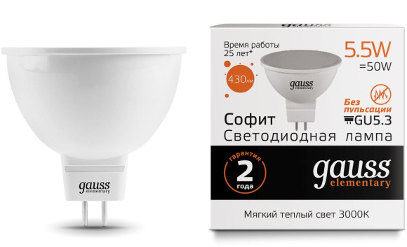 Лампа светодиодная Gauss 5.5Вт цок.:GU5.3 рефлек. 220B 4100K св.свеч.бел.нейт. MR16 (упак.:1шт) (13526)