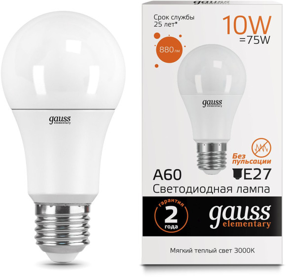 Лампа светодиодная Gauss Elementary 6Вт цок.:E14 свеча 220B 4100K св.свеч.бел.нейт. C37 (упак.:10шт) (33126)