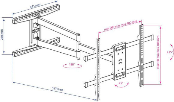Кронштейн для телевизора Kromax DIX-20 черный 22"-65" макс.45кг настенный поворотно-выдвижной и наклонный Кронштейн для телевизора Kromax DIX-20 черный 22"-65" макс.45кг настенный поворотно-выдвижной и наклонный