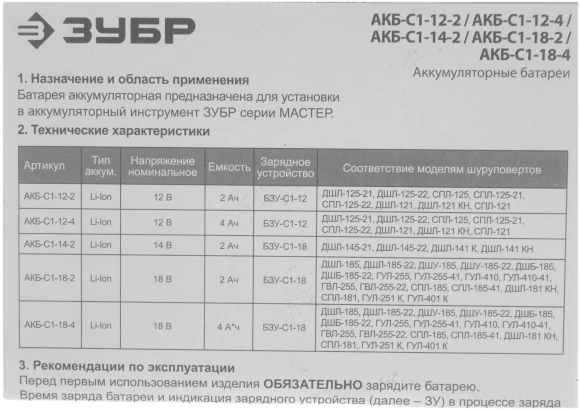 Батарея аккумуляторная Зубр АКБ-С1-18-2 18В 2Ач Li-Ion