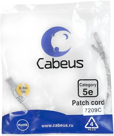 Патч-корд Cabeus PC-UTP-RJ45-CAT.5E-0.15M-LSZH U/UTP RJ-45 вил.-вилка RJ-45 кат.5E 0.15м серый LSZH
