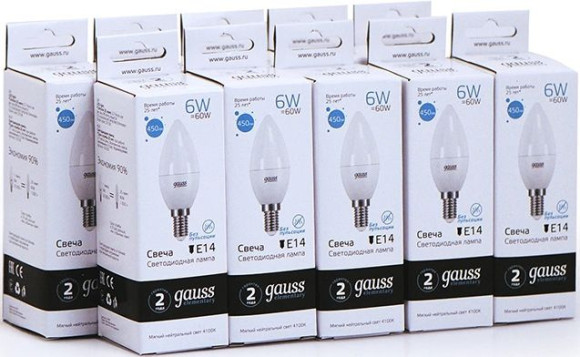 Лампа светодиодная Gauss Elementary 6Вт цок.:E27 свеча 220B 4100K св.свеч.бел.нейт. C37 (упак.:10шт) (33226)