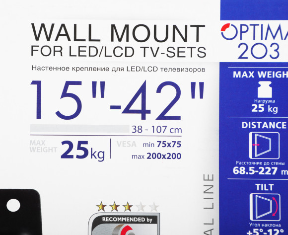 Кронштейн для телевизора Kromax OPTIMA-203 черный 15"-42" макс.25кг настенный поворот и наклон Кронштейн для телевизора Kromax OPTIMA-203 черный 15"-42" макс.25кг настенный поворот и наклон