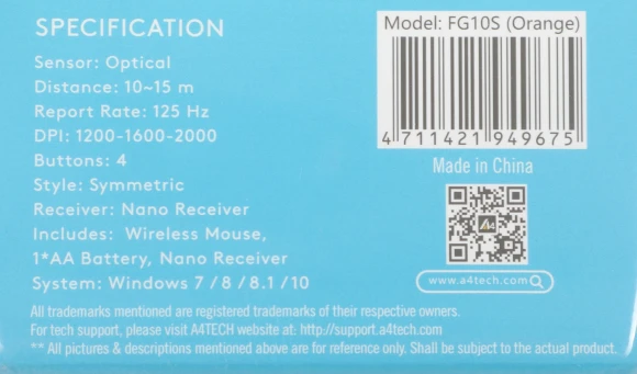 Мышь A4Tech Fstyler FG10S черный/оранжевый оптическая 2000dpi silent беспров. USB для ноутбука 4but (FG10S ORANGE)
