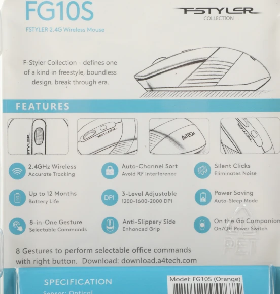 Мышь A4Tech Fstyler FG10S черный/оранжевый оптическая 2000dpi silent беспров. USB для ноутбука 4but (FG10S ORANGE)