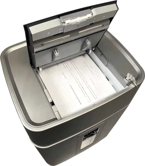 Шредер Office Kit SA300 (1,9х15) серый/черный с автоподачей (секр.P-5) фрагменты 11лист. 45лтр. скобы пл.карты