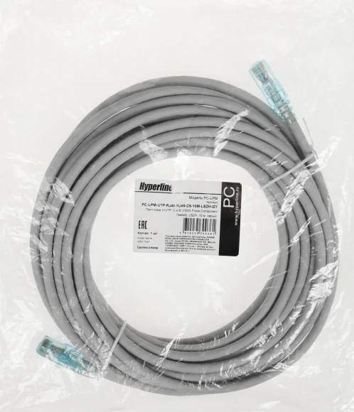 Патч-корд Hyperline PC-LPM-UTP-RJ45-RJ45-C6-10M-LSZH-GY UTP RJ-45 вил.-вилка RJ-45 кат.6 10м серый LSZH
