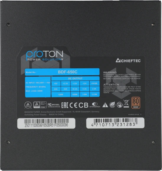 Блок питания Chieftec ATX 650W Proton BDF-650C 80+ bronze (20+4pin) APFC 140mm fan 6xSATA Cab Manag RTL