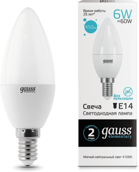 Лампа светодиодная Gauss Elementary 6Вт цок.:E14 свеча 220B 4100K св.свеч.бел.нейт. С35 (упак.:1шт) (33126)